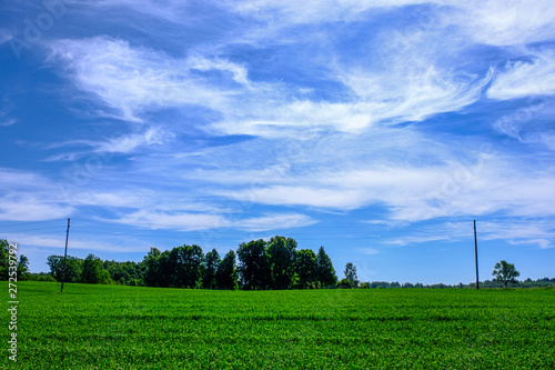 blue sky with white clouds over countryside landscape