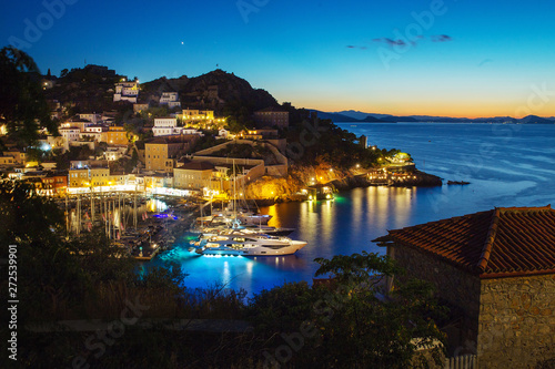 Port and bay at wonderful greek Hydra island..Sunset.