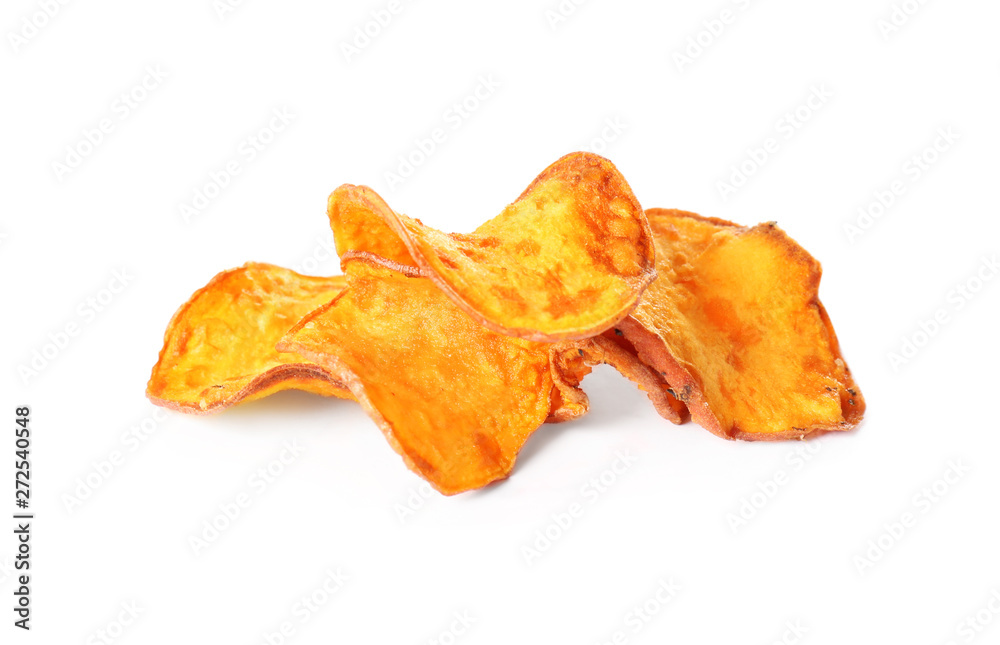 Fototapeta premium Pile of sweet potato chips isolated on white