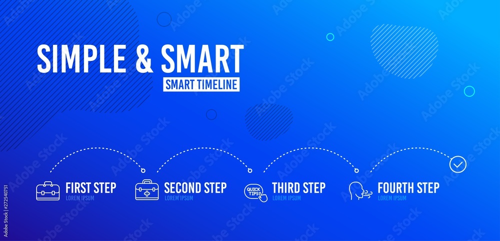 Infographic timeline. First aid, Quick tips and Portfolio icons simple set. Breathing exercise sign. Medicine case, Helpful tricks, Business case. Breath. Science set. 4 steps layout. Vector Infographic timeline. First aid, Quick tips and Portfolio icons simple set. Breathing exercise sign. Medicine case, Helpful tricks, Business case. Breath. Science set. 4 steps layout. Vector
