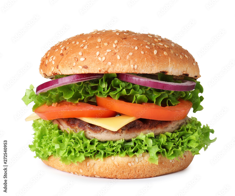 Tasty fresh burger with cutlet isolated on white Tasty fresh burger with cutlet isolated on white