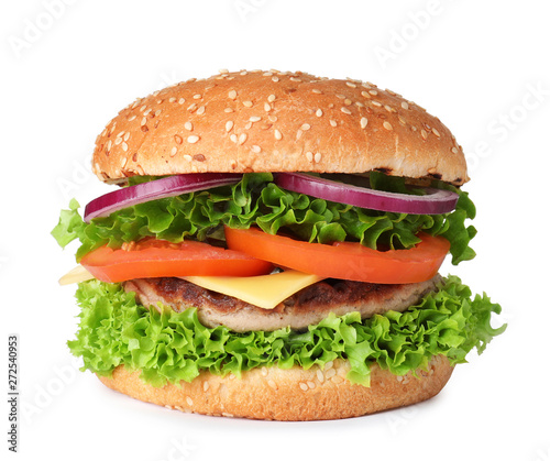Tasty fresh burger with cutlet isolated on white