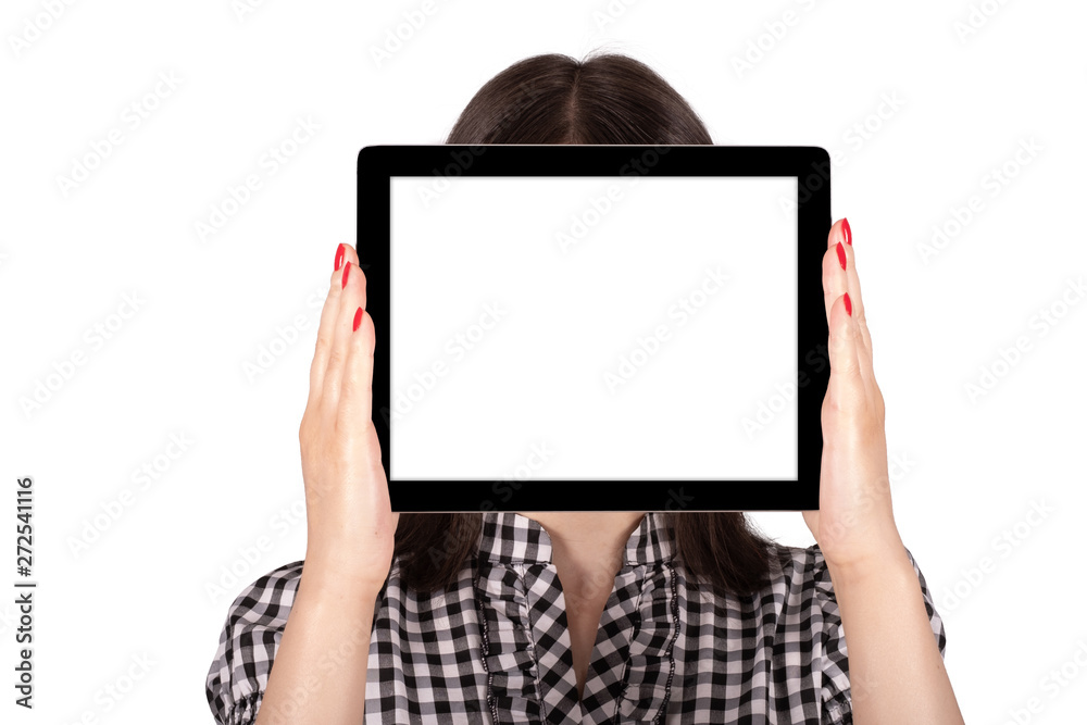 Woman Holding a Tablet in Front of Her Face