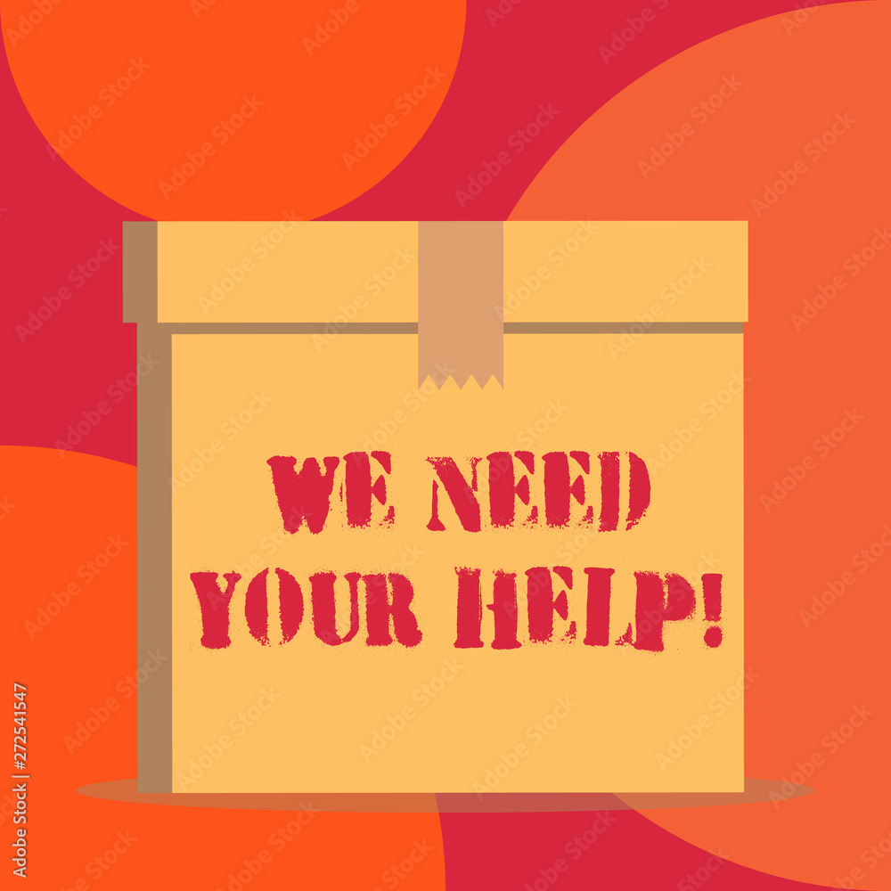 Text sign showing We Need Your Help. Business photo showcasing asking someone to stand with you against difficulty Close up front view open brown cardboard sealed box lid. Blank background Text sign showing We Need Your Help. Business photo showcasing asking someone to stand with you against difficulty Close up front view open brown cardboard sealed box lid. Blank background