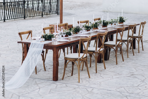 Eco-friendly, wedding decor. Wooden table newlyweds for a party. photo