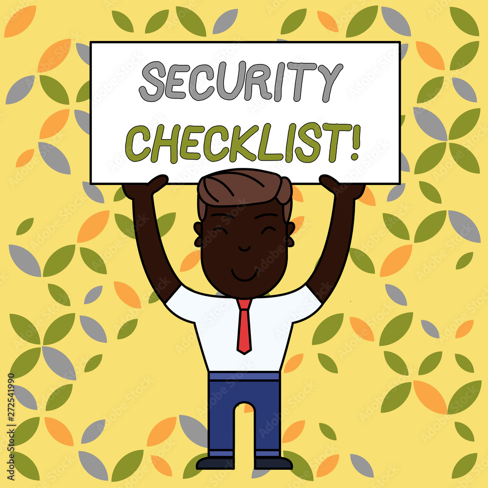 Naklejka premium Writing note showing Security Checklist. Business concept for Protection of Data and System Guide on Internet Theft Smiling Man Standing Holding Big Empty Placard Overhead with Both Hands