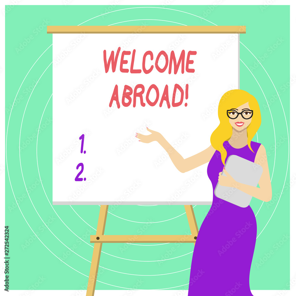 Handwriting text Welcome Abroad. Conceptual photo something that you say when someone gets on ship White Female in Glasses Standing by Blank Whiteboard on Stand Presentation Handwriting text Welcome Abroad. Conceptual photo something that you say when someone gets on ship White Female in Glasses Standing by Blank Whiteboard on Stand Presentation