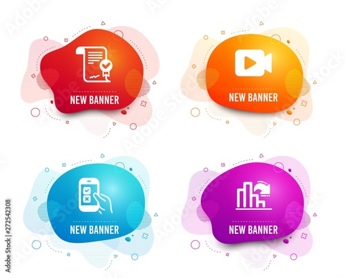 Liquid badges. Set of Mobile survey, Approved agreement and Video camera icons. Decreasing graph sign. Phone quiz test, Verified document, Movie or cinema. Column chart.  Gradient mobile survey icon