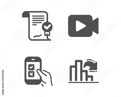 Set of Mobile survey, Approved agreement and Video camera icons. Decreasing graph sign. Phone quiz test, Verified document, Movie or cinema. Column chart.  Classic design mobile survey icon. Vector