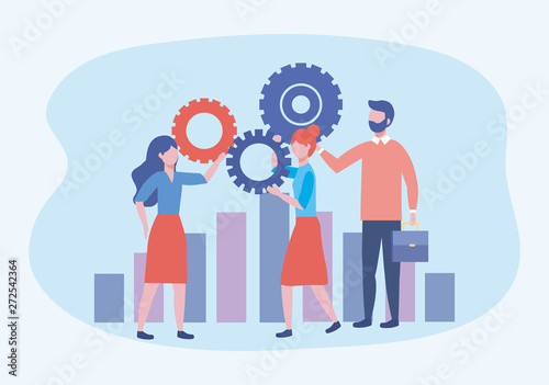 businesswomen and businessman with gears and statistics bar