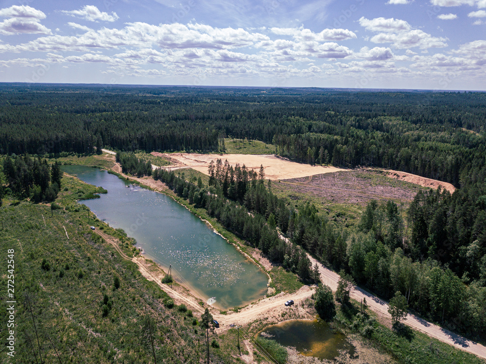 aerial drone view of green lake in forest area