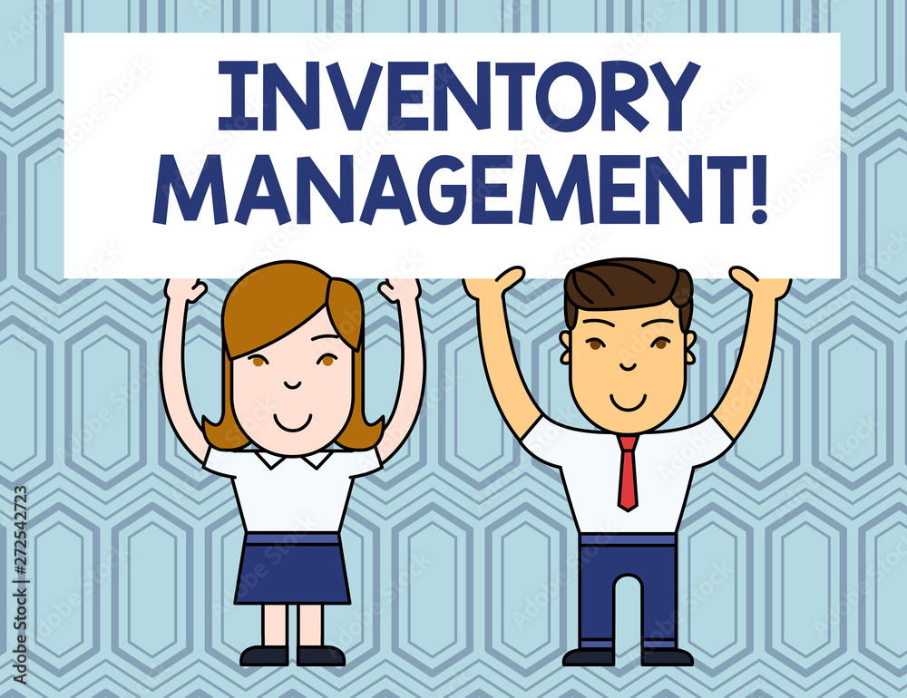 Text sign showing Inventory Management. Business photo showcasing Overseeing Controlling Storage of Stocks and Prices Two Smiling People Holding Big Blank Poster Board Overhead with Both Hands Text sign showing Inventory Management. Business photo showcasing Overseeing Controlling Storage of Stocks and Prices Two Smiling People Holding Big Blank Poster Board Overhead with Both Hands