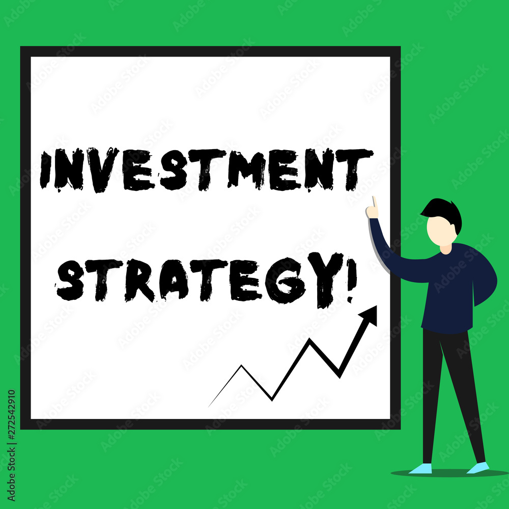 Writing note showing Investment Strategy. Business concept for Set of Rules Procedures Behavior a Guide to an Investor Young man standing pointing up rectangle Geometric background Writing note showing Investment Strategy. Business concept for Set of Rules Procedures Behavior a Guide to an Investor Young man standing pointing up rectangle Geometric background