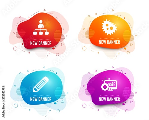 Liquid badges. Set of Pencil, Bacteria and Management icons. Medical analytics sign. Edit data, Antibacterial, Agent. Medicine system.  Gradient pencil icon. Flyer fluid design. Abstract shapes