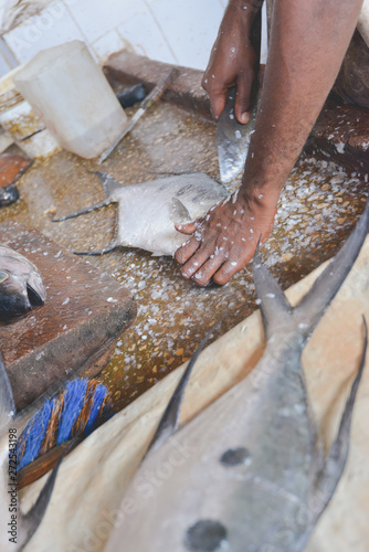 Fresh fish on the market. Preparing food in Africa