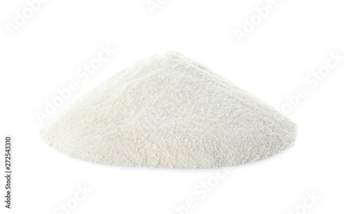 Pile of protein powder on white background