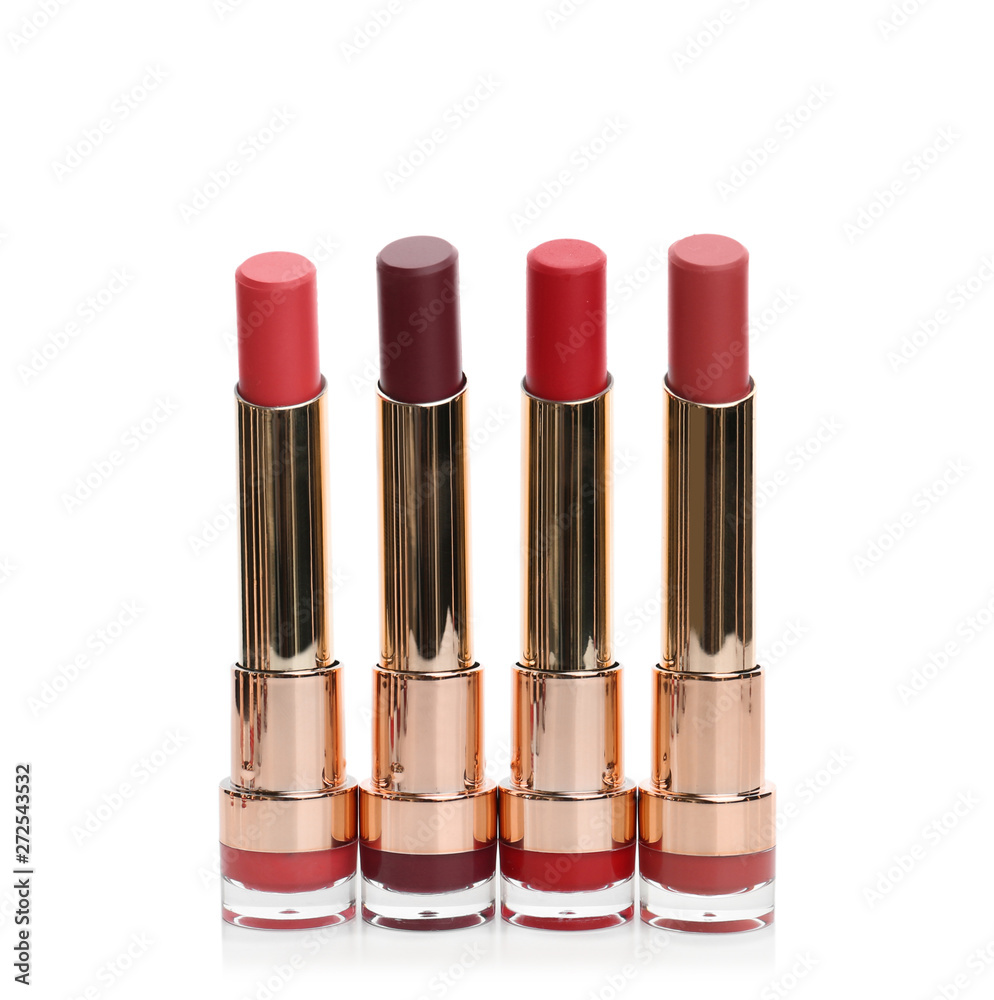 Many different stylish lipsticks on white background Many different stylish lipsticks on white background