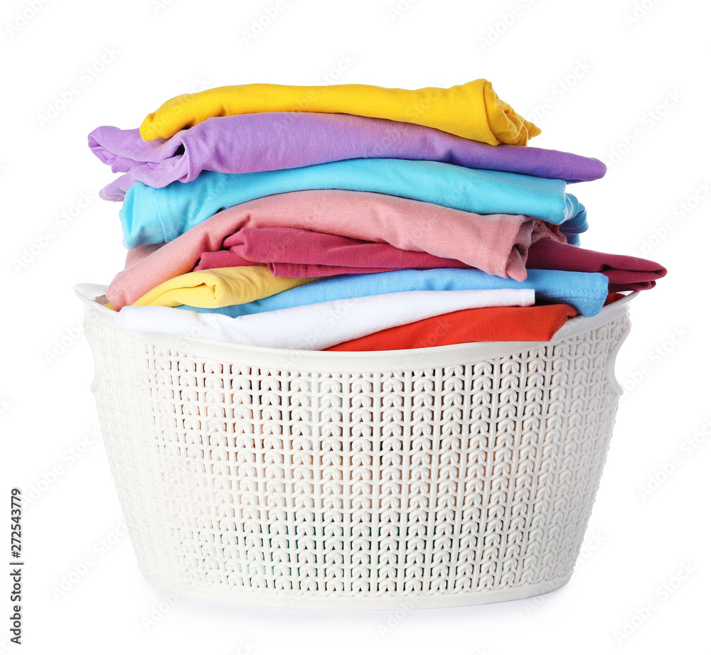 Plastic laundry basket with clean clothes on white background Stock Photo |  Adobe Stock