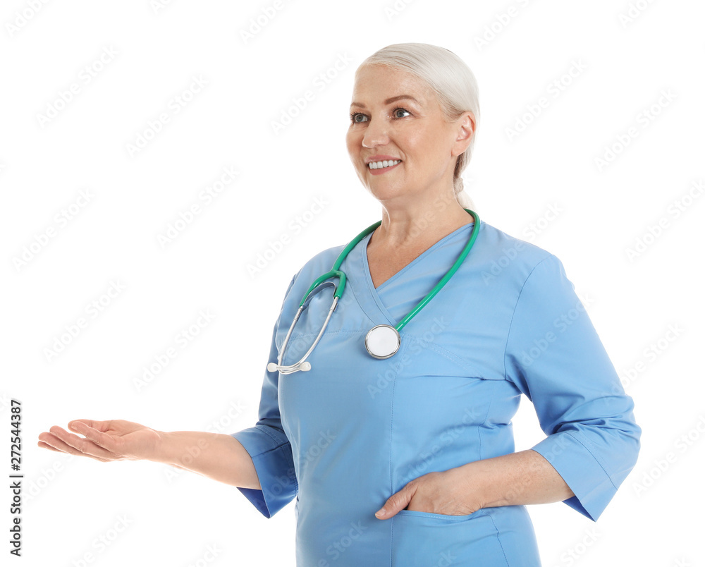 Portrait of female doctor in scrubs isolated on white. Medical staff Portrait of female doctor in scrubs isolated on white. Medical staff
