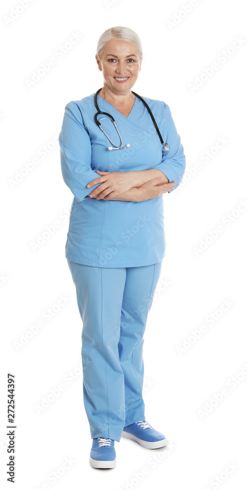 Full length portrait of female doctor in scrubs isolated on white. Medical staff Full length portrait of female doctor in scrubs isolated on white. Medical staff