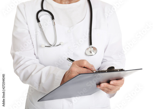 Closeup of female doctor with clipboard isolated on white. Medical staff