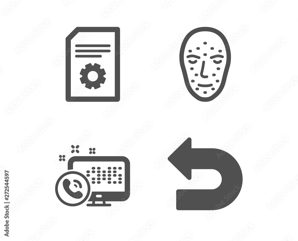 Set of Face biometrics, File settings and Web call icons. Undo sign. Facial recognition, File management, Phone support. Left turn. Classic design face biometrics icon. Flat design. Vector Set of Face biometrics, File settings and Web call icons. Undo sign. Facial recognition, File management, Phone support. Left turn. Classic design face biometrics icon. Flat design. Vector