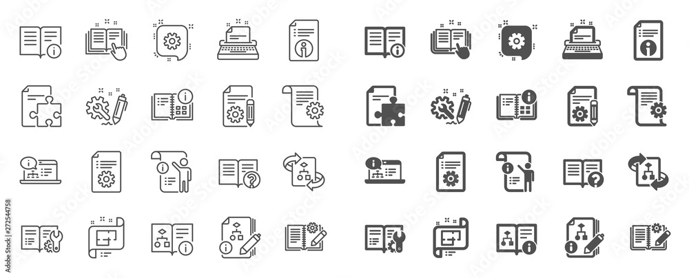 Technical document line icons. Set of Instruction, Plan and Manual icons. Help document, Building plan and Algorithm symbols. Technical blueprint, Engineering instruction, Work tool, building. Vector Technical document line icons. Set of Instruction, Plan and Manual icons. Help document, Building plan and Algorithm symbols. Technical blueprint, Engineering instruction, Work tool, building. Vector