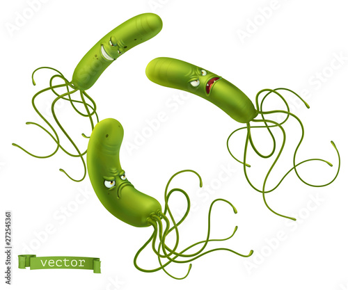Helicobacter pylori bacteria. Green funny monsters, cartoon characters. 3d vector icon