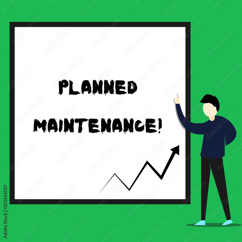Writing note showing Planned Maintenance. Business concept for Check ups to be done Scheduled on a Regular Basis Young man standing pointing up rectangle Geometric background Writing note showing Planned Maintenance. Business concept for Check ups to be done Scheduled on a Regular Basis Young man standing pointing up rectangle Geometric background