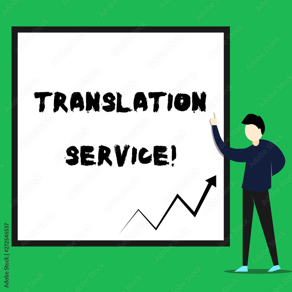 Writing note showing Translation Service. Business concept for the Equivalent Target Language from the Mother Tongue Young man standing pointing up rectangle Geometric background Writing note showing Translation Service. Business concept for the Equivalent Target Language from the Mother Tongue Young man standing pointing up rectangle Geometric background