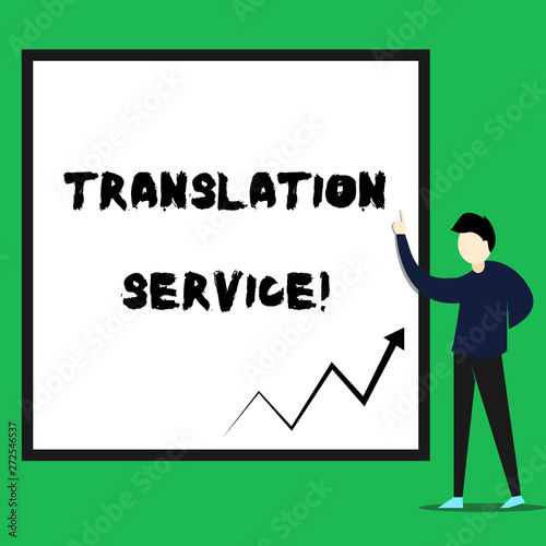 Writing note showing Translation Service. Business concept for the Equivalent Target Language from the Mother Tongue Young man standing pointing up rectangle Geometric background