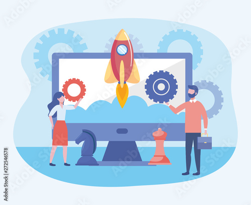 businessman and businesswoman with computer and gears with rocket