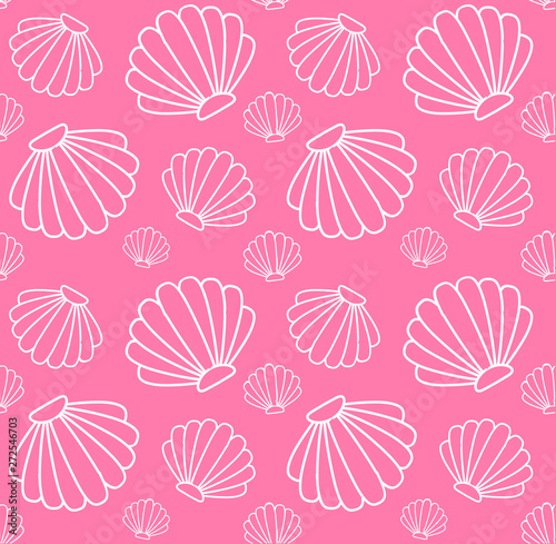 Vector seamless pattern of white shell contour isolated on pink background 