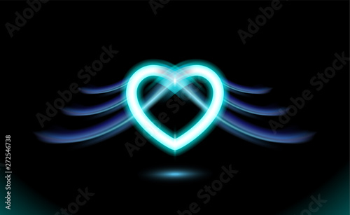 Abstract neon heart with wings, gothic anime, blue glow radiant effect of love for Valentines day. Holiday design, night romance concept love. Dark vector luminescent illumination art illustration