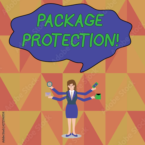 Word writing text Package Protection. Business photo showcasing Wrapping and Securing items to avoid damage Labeled Box Businesswoman with Four Arms Extending Sideways Holding Workers Needed Item