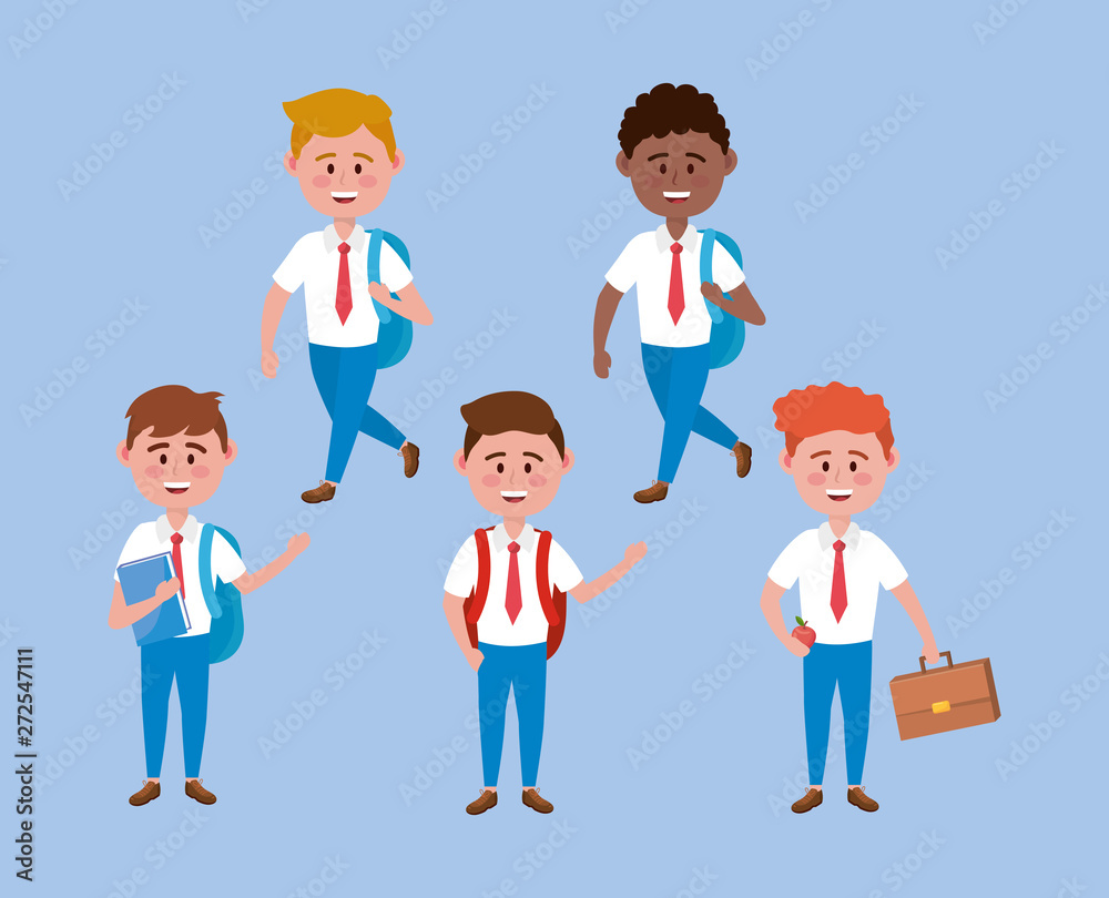 set of boys students with uniform and backpack set of boys students with uniform and backpack