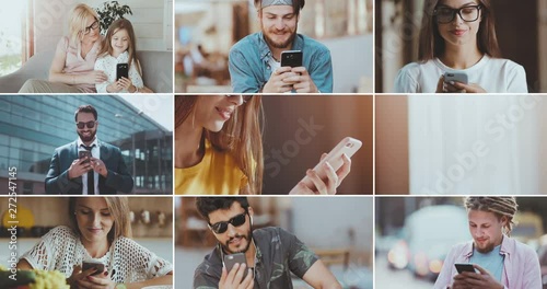 Multiscreen showcase of mixedrace people using smartphones, connection role in human life