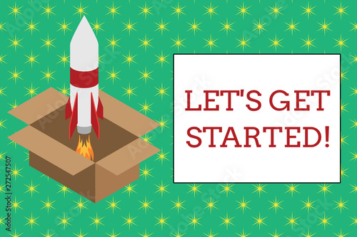 Word writing text Let S Get Started. Business photo showcasing encouraging someone to begin doing something Fire launching rocket carton box. Starting up project. Fuel inspiration