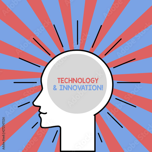 Text sign showing Technology And Innovation. Business photo showcasing Application of better Solution for New Market Need Outline Silhouette Human Head Surrounded by Light Rays Blank Text Space
