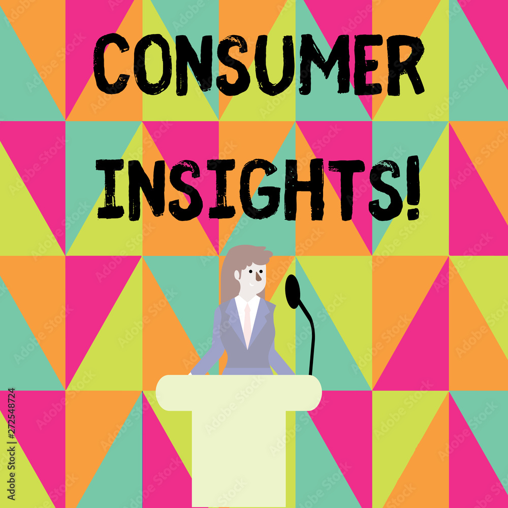 Word writing text Consumer Insights. Business photo showcasing understanding customers based on their buying behavior Businesswoman Standing Behind Podium Rostrum Speaking on Wireless Microphone Word writing text Consumer Insights. Business photo showcasing understanding customers based on their buying behavior Businesswoman Standing Behind Podium Rostrum Speaking on Wireless Microphone
