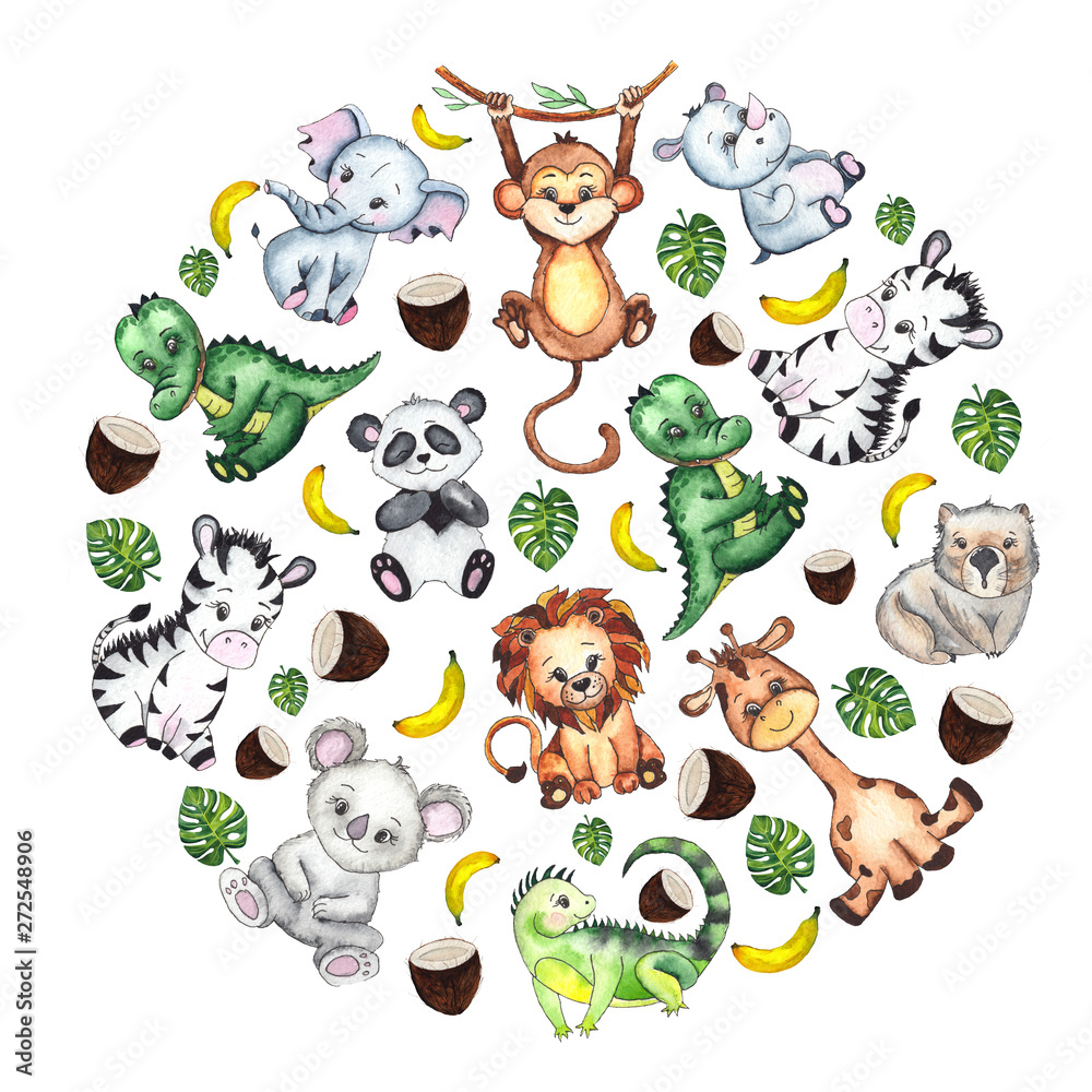 Hand-drawn watercolor children’s animals compositions heart and circle with cute lion, giraffe, elephant, Rhino, monkey, Zebra, crocodile, iguana, wombat, Panda, Koala 