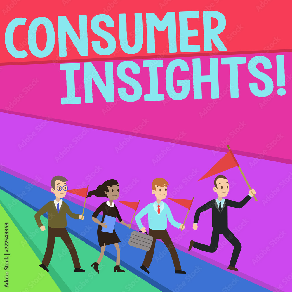 Text sign showing Consumer Insights. Business photo text understanding customers based on their buying behavior People Crowd Flags Pennants Headed by Leader Running Demonstration Meeting