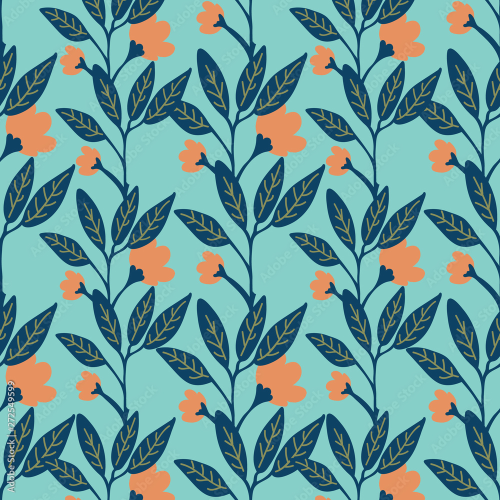 Vibrant botanical floral seamless pattern in orange, teal, aqua and turquoise. Pretty for spring and summer prints and designs. Vector repeat for textiles, stationery items, fashion and home decor. Vibrant botanical floral seamless pattern in orange, teal, aqua and turquoise. Pretty for spring and summer prints and designs. Vector repeat for textiles, stationery items, fashion and home decor.