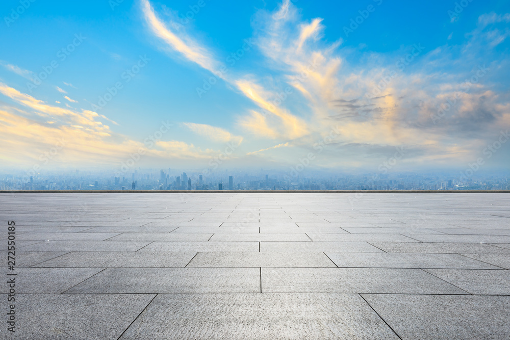 Empty square floor and modern city skyline in Shanghai,China