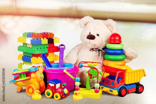 Toys colorful collection on pastel background