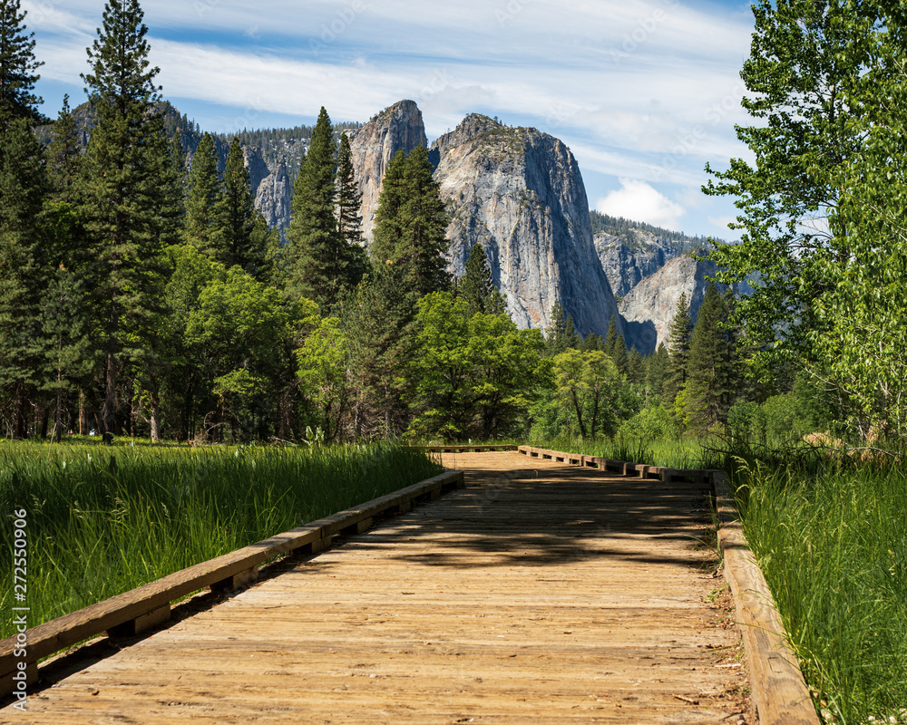 Empty Boardwalk Leading Towards Mountains in Yosemite National Park California
