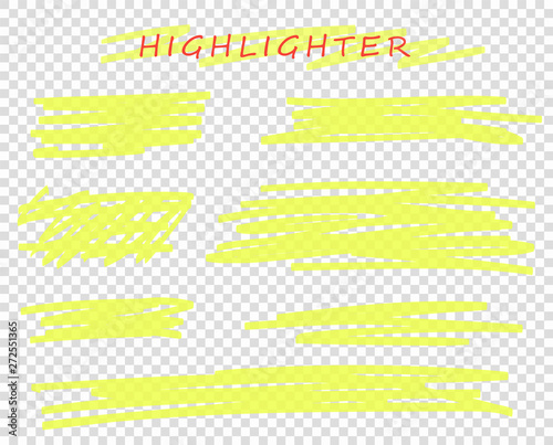 Highlights, underscores. Painted yellow marker strokes, painted frames. Vector design elements on isolated background.