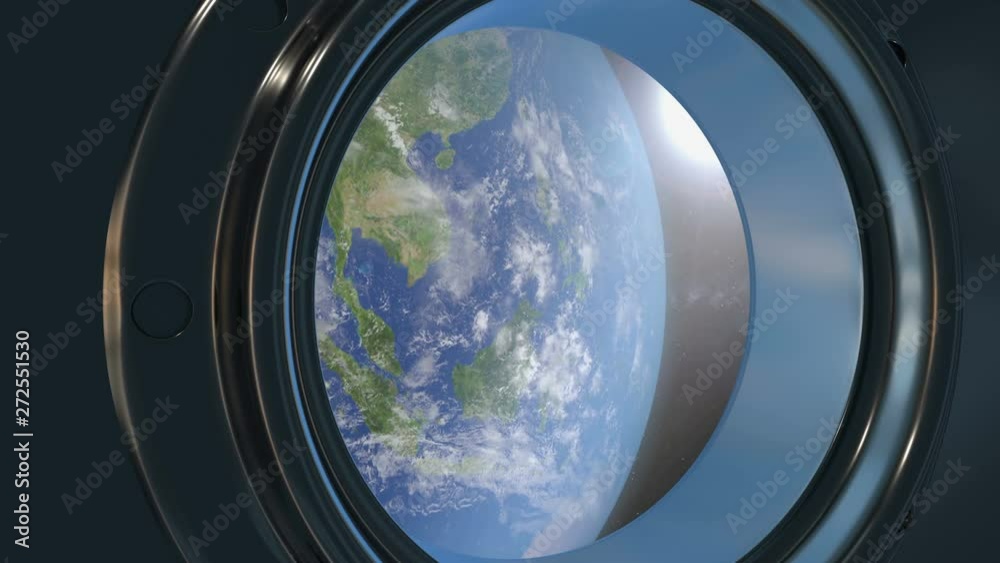 3d animation of porthole in the spaceship. POV of panoramic view to the Earth planet from the spaceship. 3d animation of porthole in the spaceship. POV of panoramic view to the Earth planet from the spaceship.