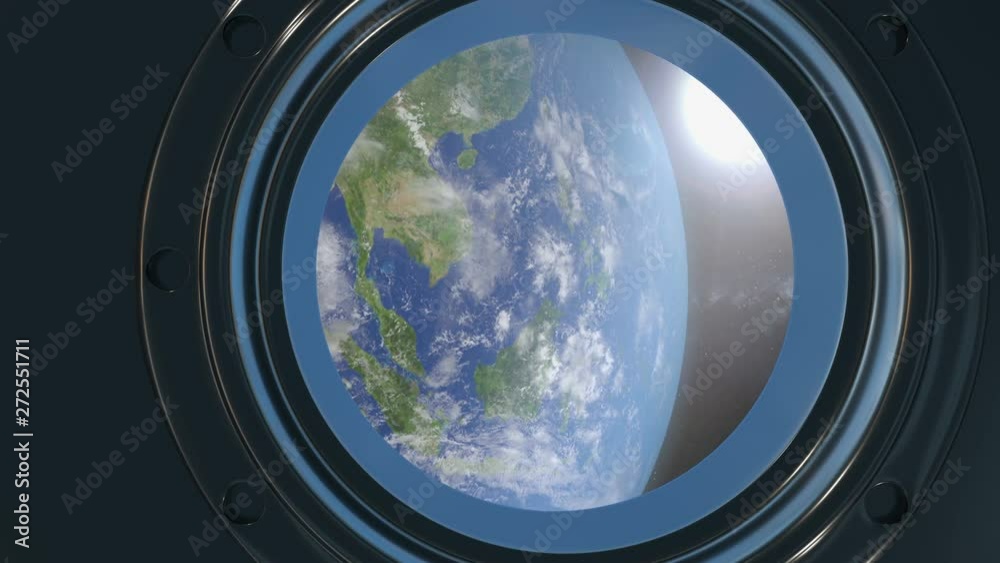 3d animation of porthole in the spaceship. POV of panoramic view to the Earth planet from the spaceship. 3d animation of porthole in the spaceship. POV of panoramic view to the Earth planet from the spaceship.