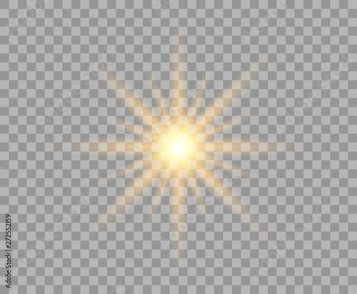 Yellow luminous sun with radial rays. A bright Golden flash of light. Vector Christmas design element isolated on a transparent background.